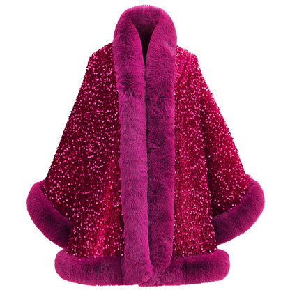 Women’s Sequined Faux Fur Trim Evening Shawl Wrap