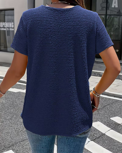 Women’s Textured V-Neck Button Detail Casual T-Shirt