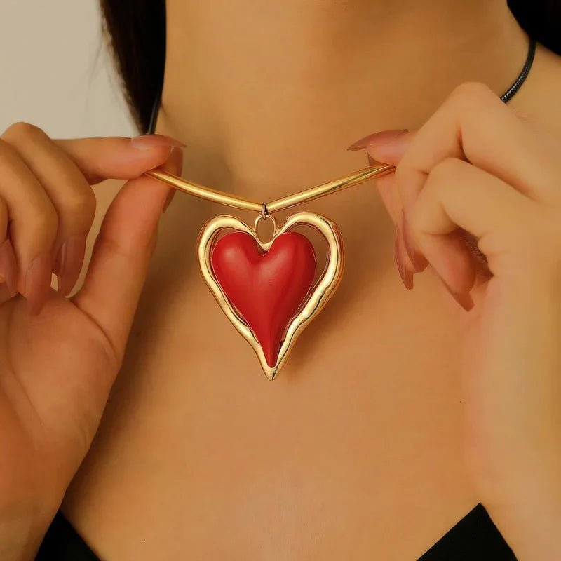 Women’s Oversized Enamel Heart Pendant Cord Necklace
