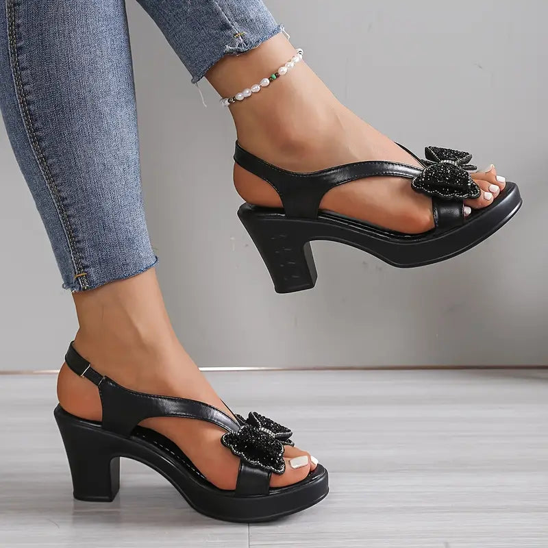 Orthopaedic Block Heel Sandals with Rhinestone & Bow
