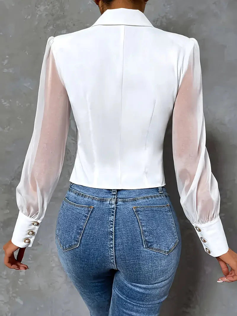Women’s Elegant Peak Collar Sheer Sleeve Blouse