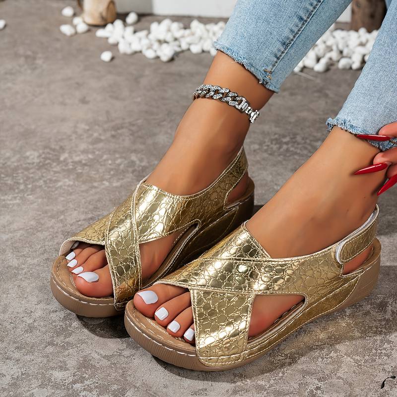 Women’s Metallic Snake-Print Wedge Sandals with Adjustable Strap
