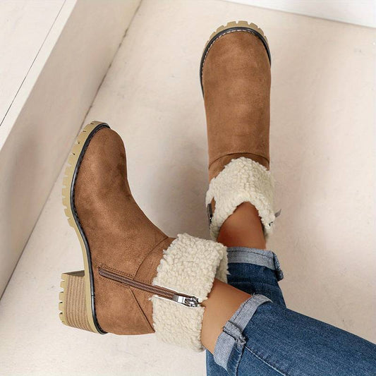 Women’s Warm Fleece Collar Chunky Ankle Boots
