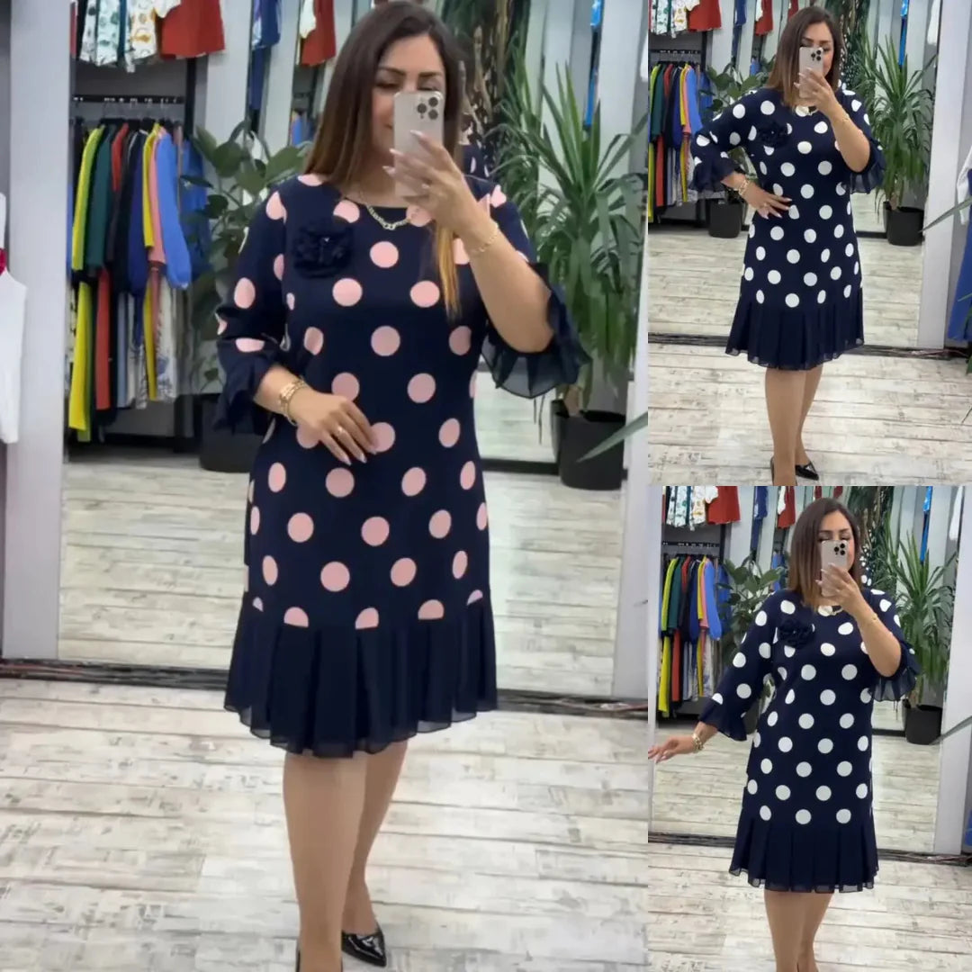 Women’s Polka Dot Flared Ruffle Hem Midi Dress