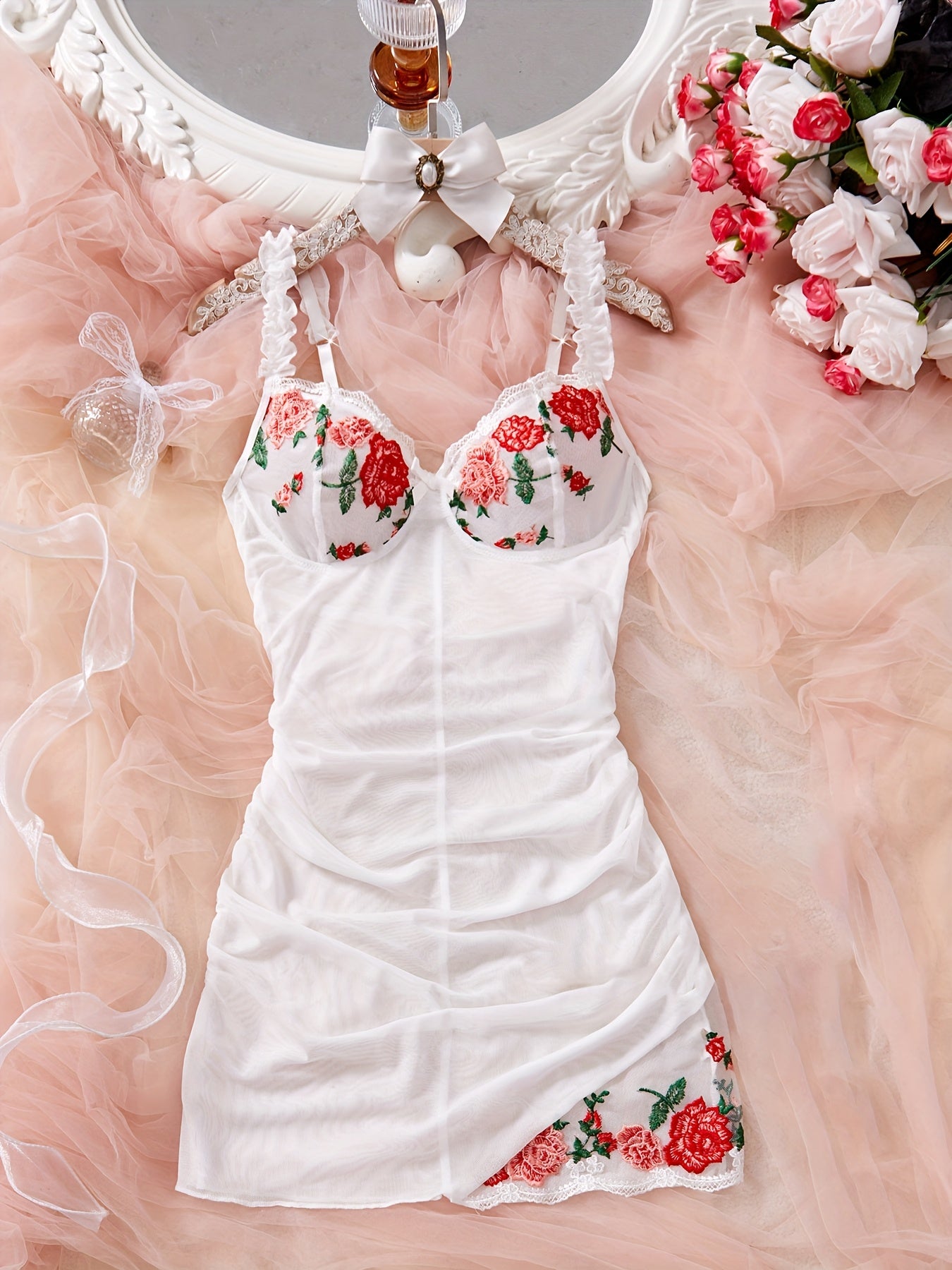 Women’s Floral Lace Mesh Strap Mini Dress