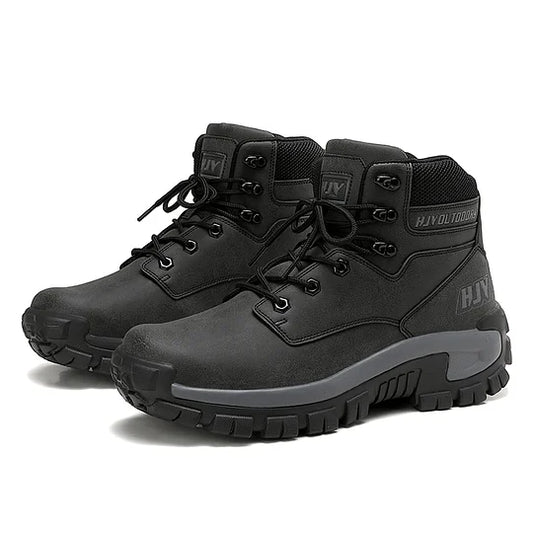 (🤜Work Hard For 5+ Years) Men Leather-Look Motorcycle Boots Waterproof Non-Slip Anti-Puncture Anti-Sprain Hiking Work Boots