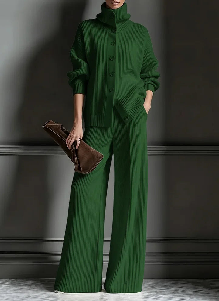 Women’s Luxe Ribbed Funnel-Neck Cardigan & Wide-Leg Knit Set
