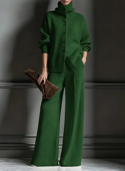 Women’s Luxe Ribbed Funnel-Neck Cardigan & Wide-Leg Knit Set