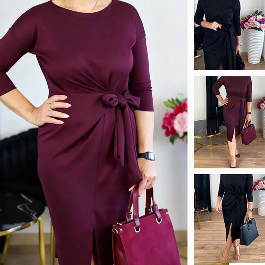 Women’s Elegant Midi Dress with Front Knot and Front Slit