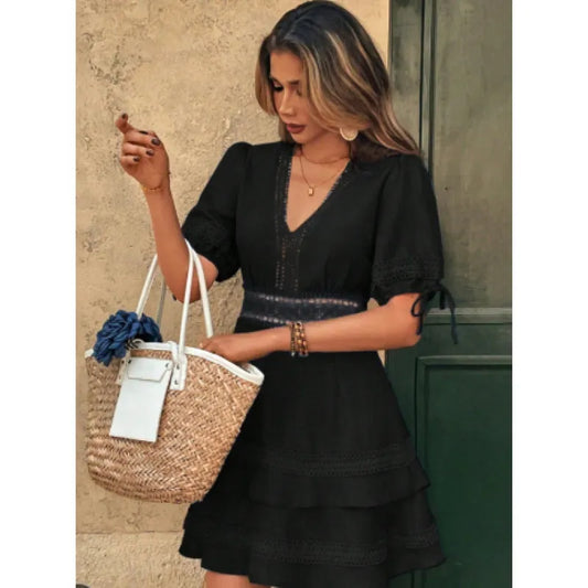 Women's Lace Trim Tiered V-Neck Dress