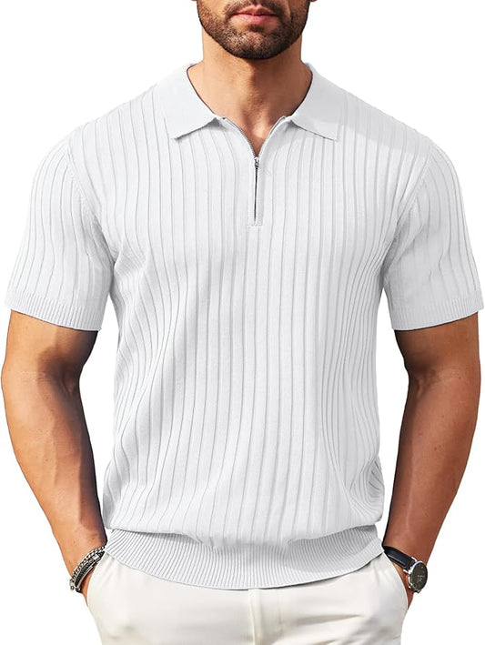 Men's Zipper Short Sleeve Ribbed Knit Polo T-Shirt