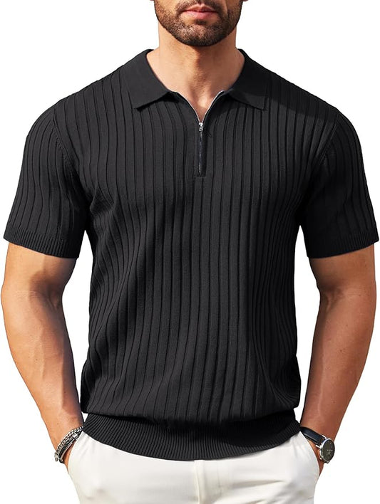 Men's Zipper Short Sleeve Ribbed Knit Polo T-Shirt