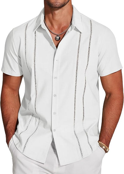 Men's Cuban Guayabera Short Sleeve V-Neck Linen Shirt