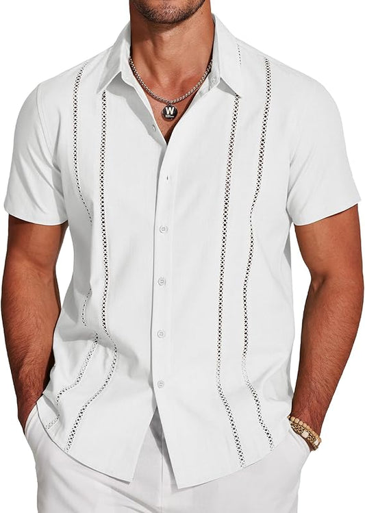 Men's Cuban Guayabera Short Sleeve V-Neck Linen Shirt