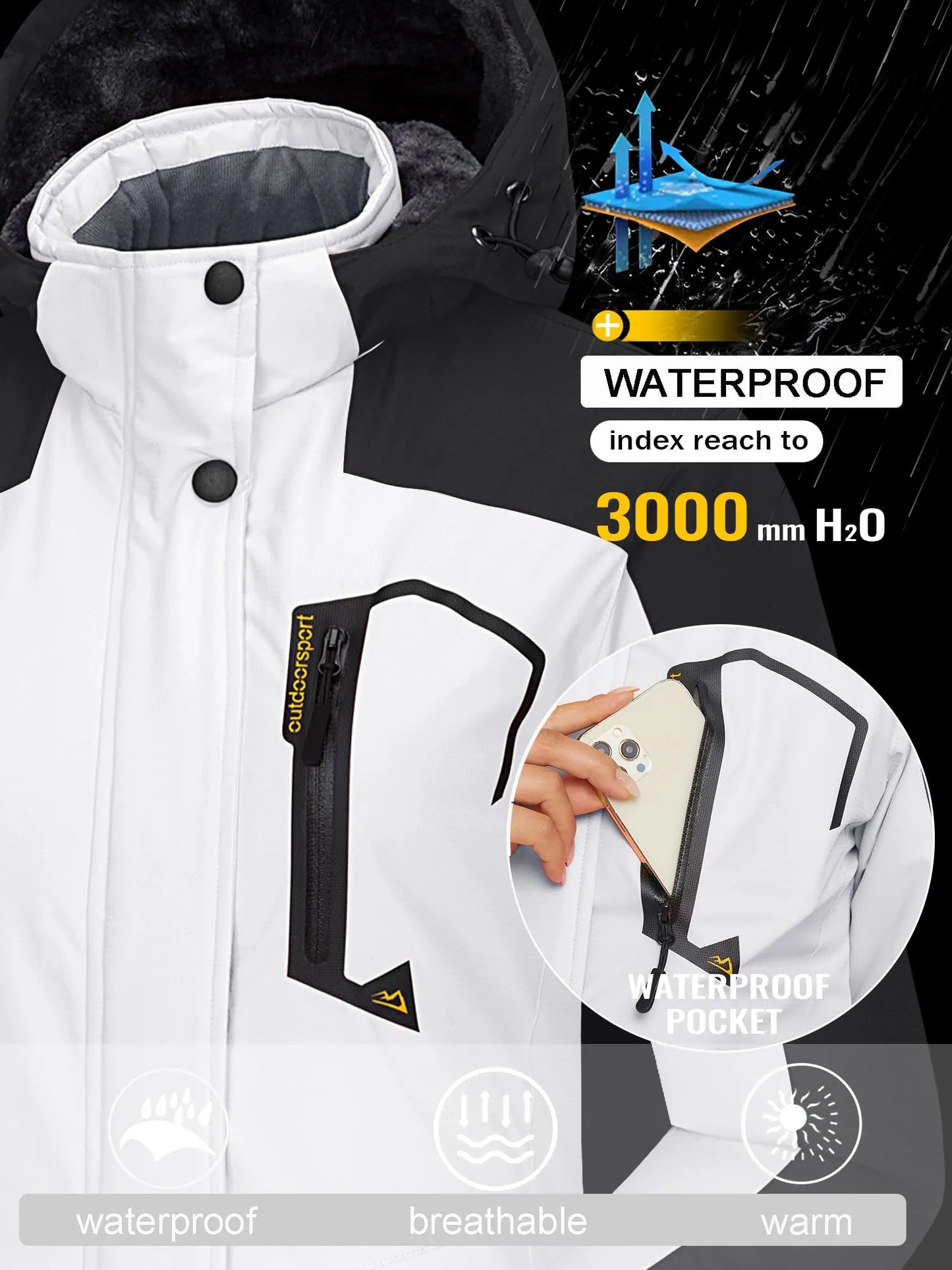 Women’s Waterproof Fleece-Lined Ski Jacket with Detachable Hood