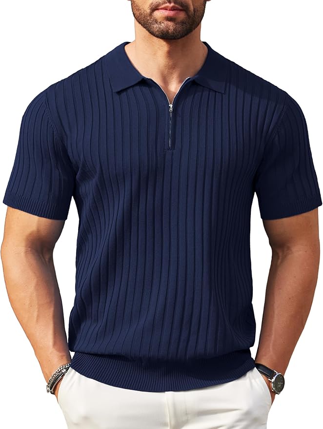 Men's Zipper Short Sleeve Ribbed Knit Polo T-Shirt