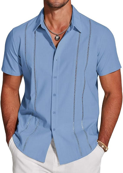 Men's Cuban Guayabera Short Sleeve V-Neck Linen Shirt