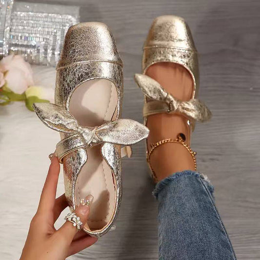 Women's Metallic Bow Flat Shoes