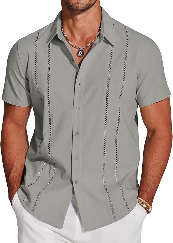 Men's Cuban Guayabera Short Sleeve V-Neck Linen Shirt