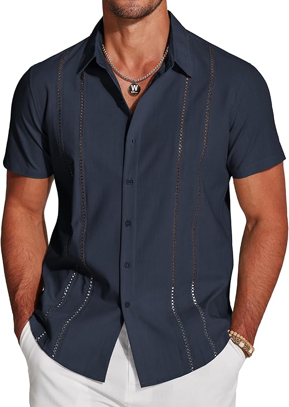 Men's Cuban Guayabera Short Sleeve V-Neck Linen Shirt