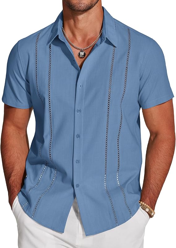 Men's Cuban Guayabera Short Sleeve V-Neck Linen Shirt