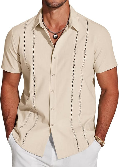 Men's Cuban Guayabera Short Sleeve V-Neck Linen Shirt