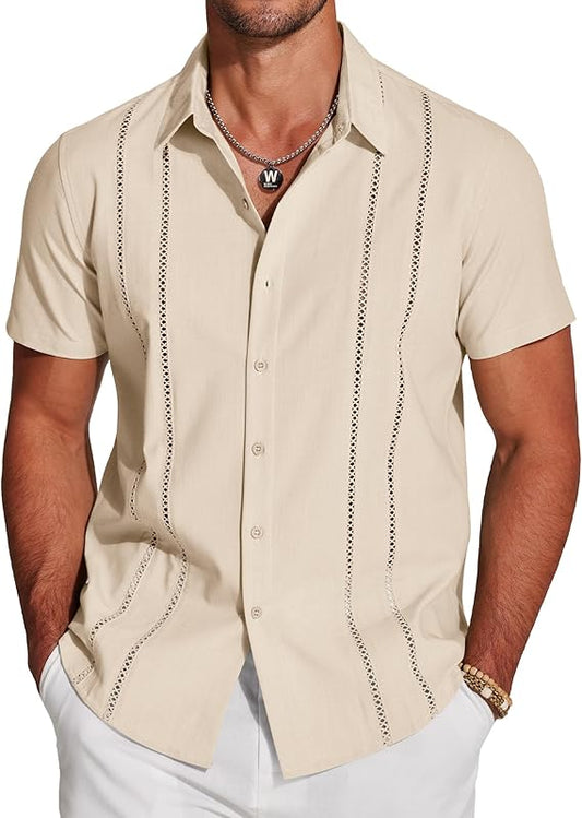Men's Cuban Guayabera Short Sleeve V-Neck Linen Shirt