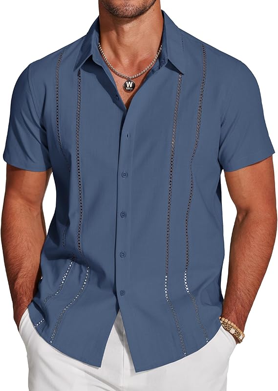 Men's Cuban Guayabera Short Sleeve V-Neck Linen Shirt