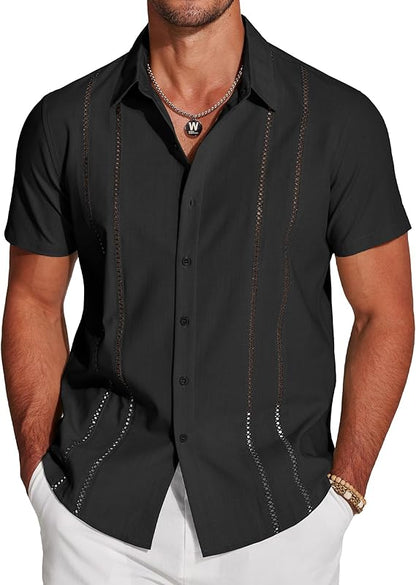 Men's Cuban Guayabera Short Sleeve V-Neck Linen Shirt