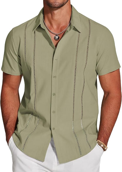 Men's Cuban Guayabera Short Sleeve V-Neck Linen Shirt