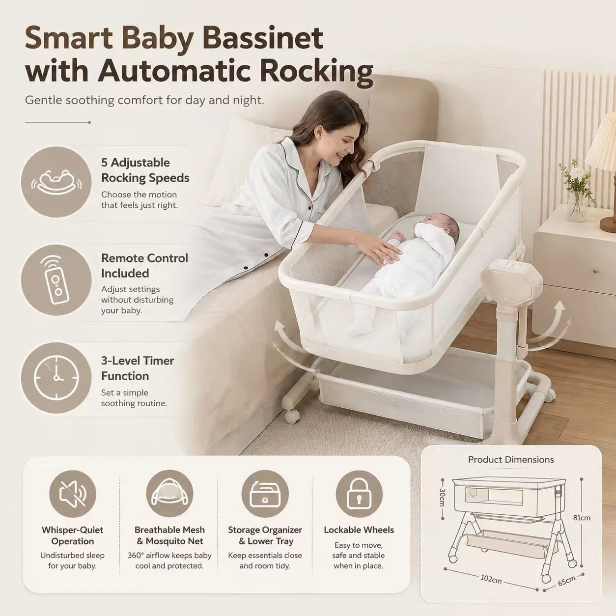 Automatic Rocking Bedside Baby Bassinet