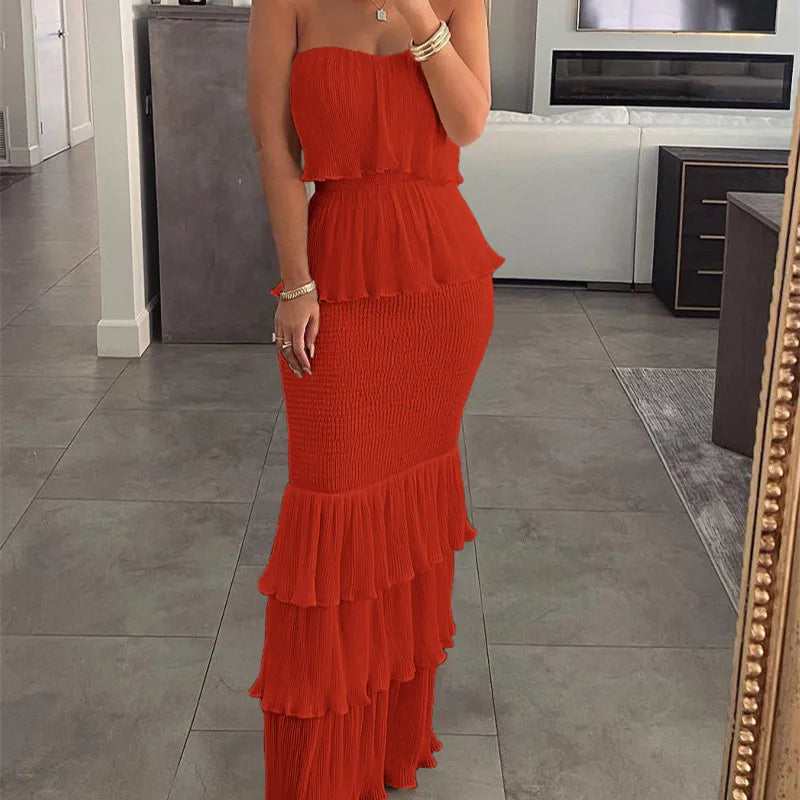 Women's Strapless Tiered Ruffle Maxi Dress