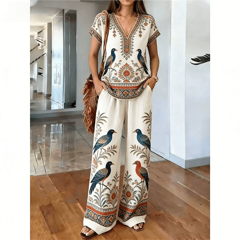 Women's Printed Top and Wide-Leg Trouser Set