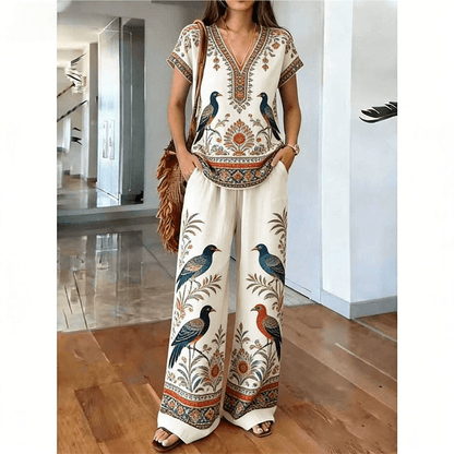 Women's Printed Top and Wide-Leg Trouser Set
