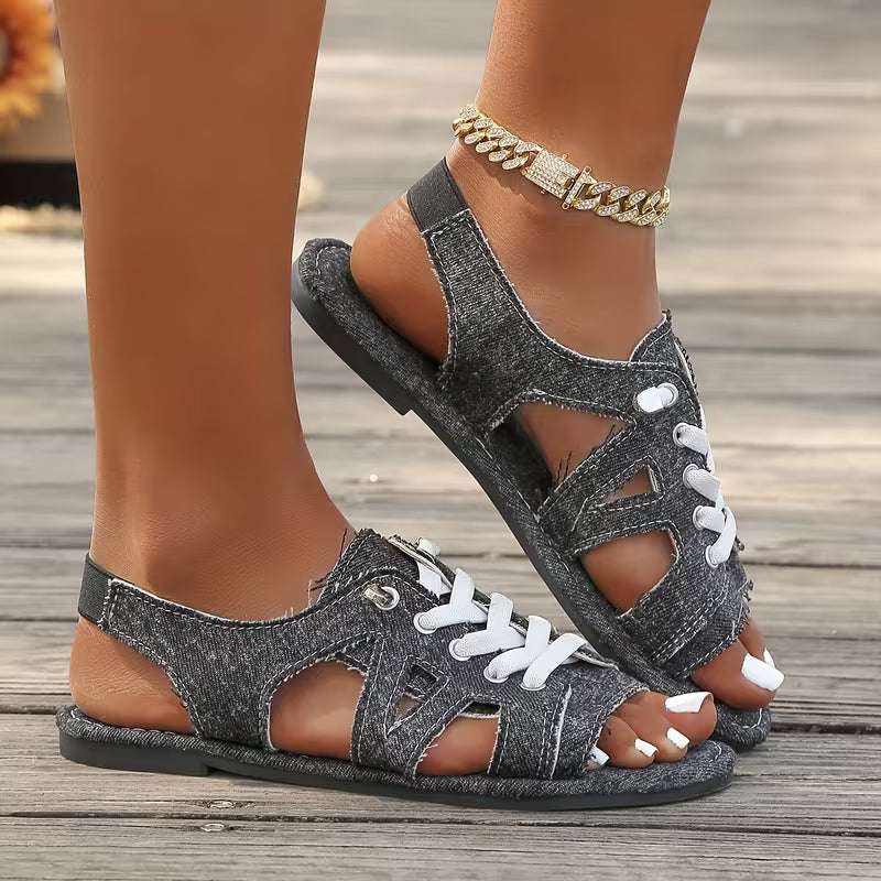 Women’s Denim-Look Lace-Up Flat Sandals