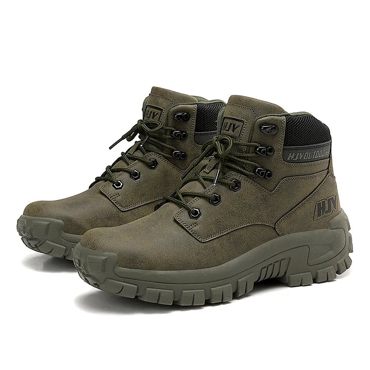 (🤜Work Hard For 5+ Years) Men Leather-Look Motorcycle Boots Waterproof Non-Slip Anti-Puncture Anti-Sprain Hiking Work Boots