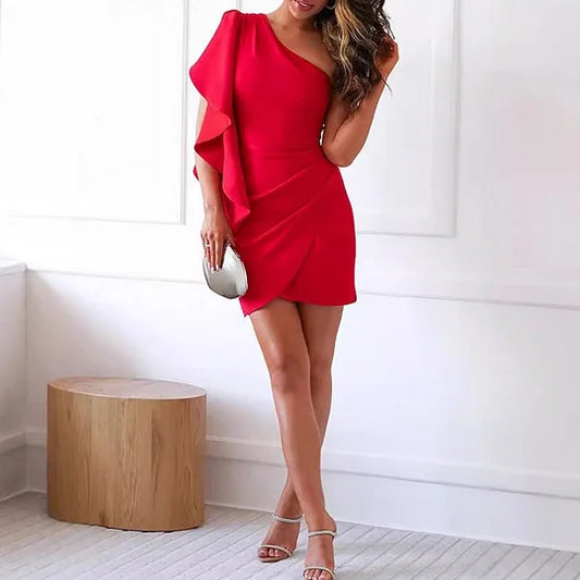 One-Shoulder Ruffle Cocktail Mini Dress