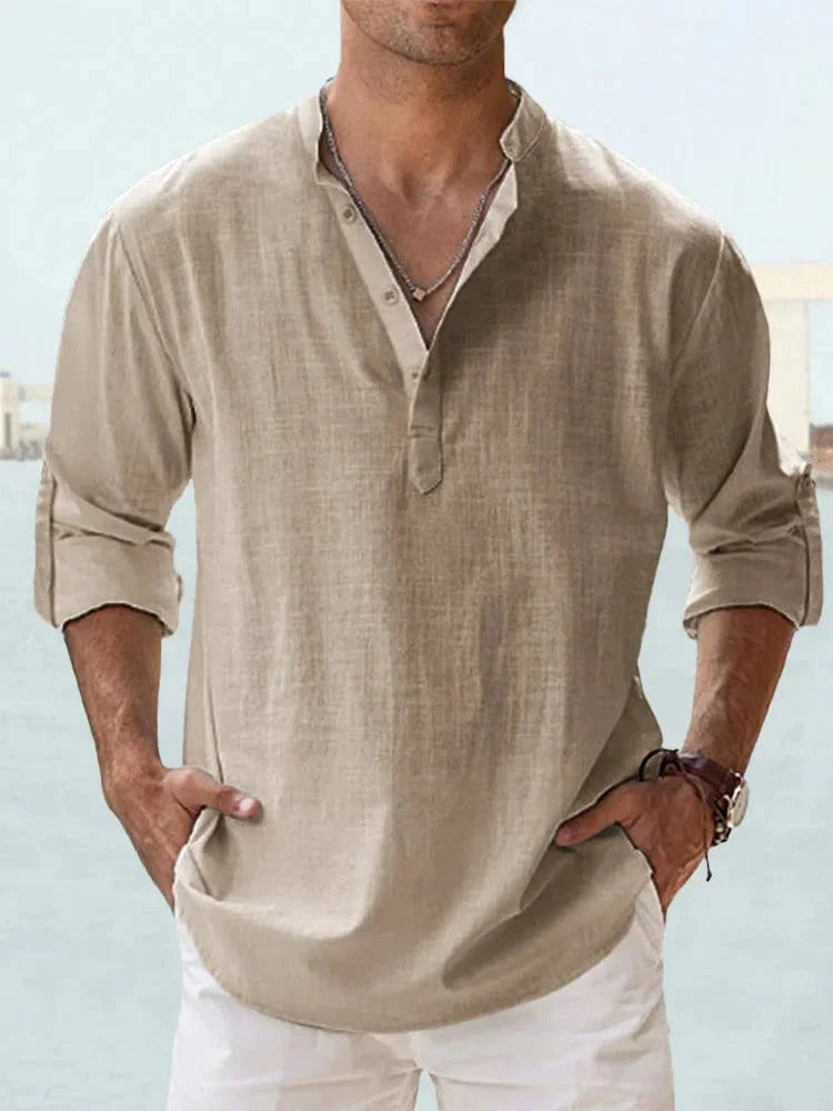 Men’s Casual Henley Collar Long Sleeve Cotton Shirt