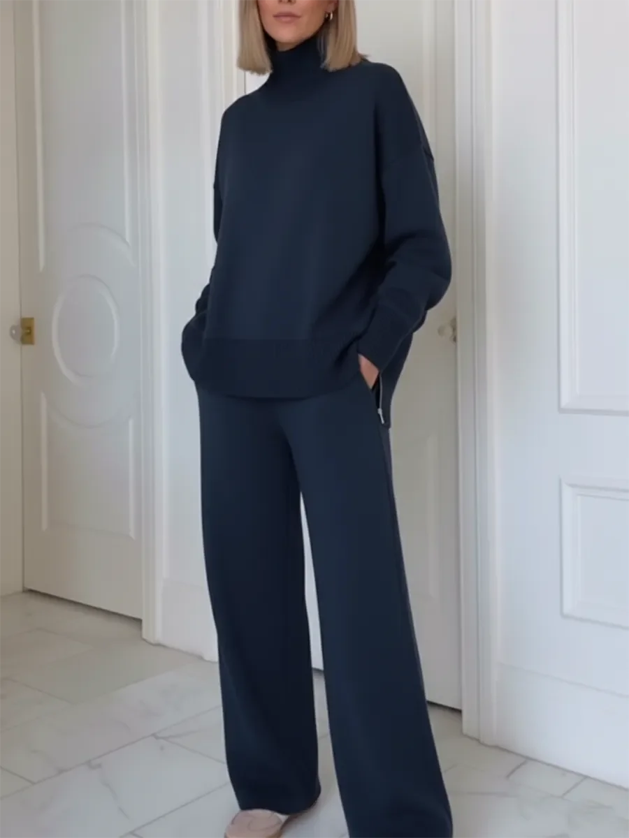 Women’s Stand-Collar Side-Zip Travel Top & Straight-Leg Trousers Set