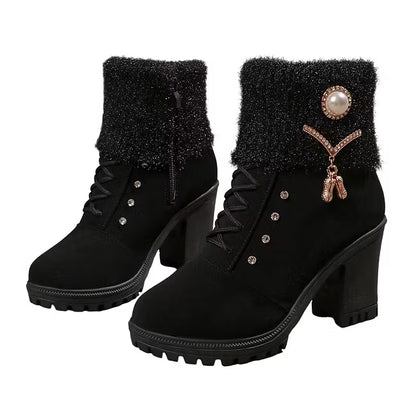 Women's Faux Fur Trim Block Heel Boots