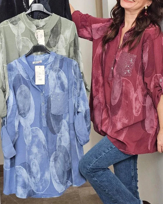Women’s Printed Button Placket Pocket Casual Blouse