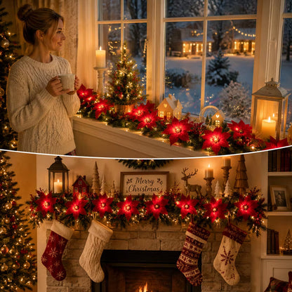 Festive Poinsettia LED Garland