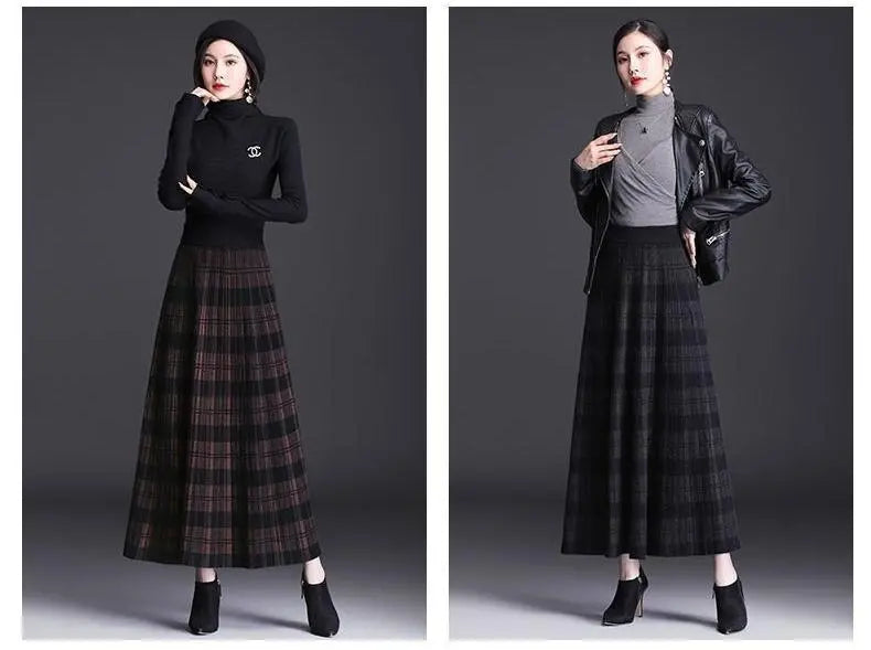 Women’s Knitted Wool Blend Plaid Maxi Skirt