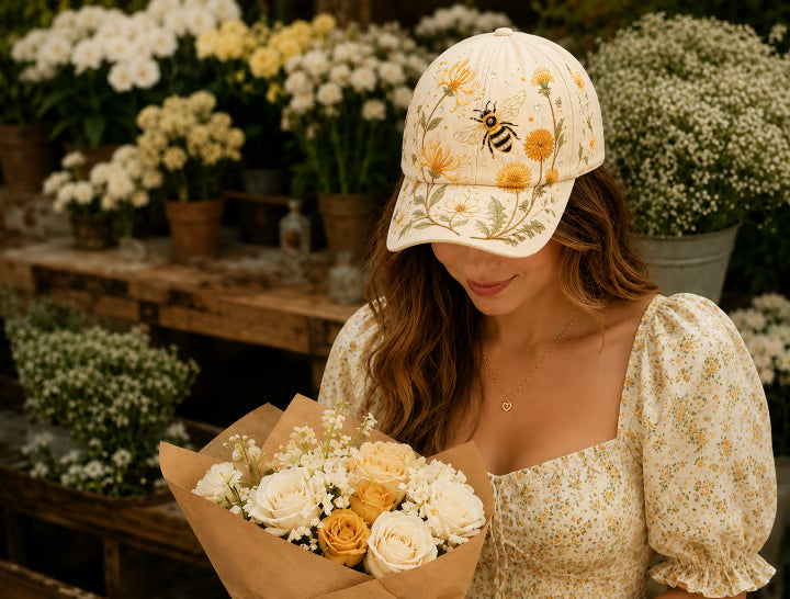 Embroidered Floral Bee Cap