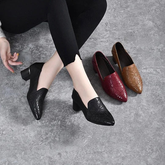 Women’s Soft Leather-Look Embroidered Mid-Heel Pumps