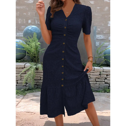 Women's Button-Front V-Neck Midi Dress