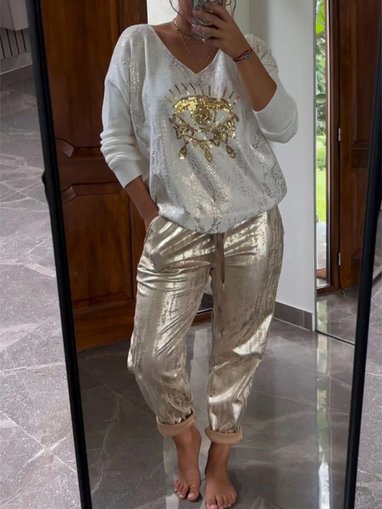 Women’s Metallic Lounge Two Piece Set with V Neck Top