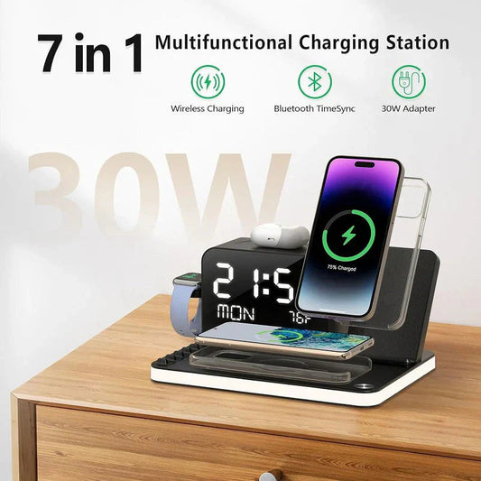 4-in-1 Fast Wireless Charging Station with LED Clock & Bluetooth Speaker