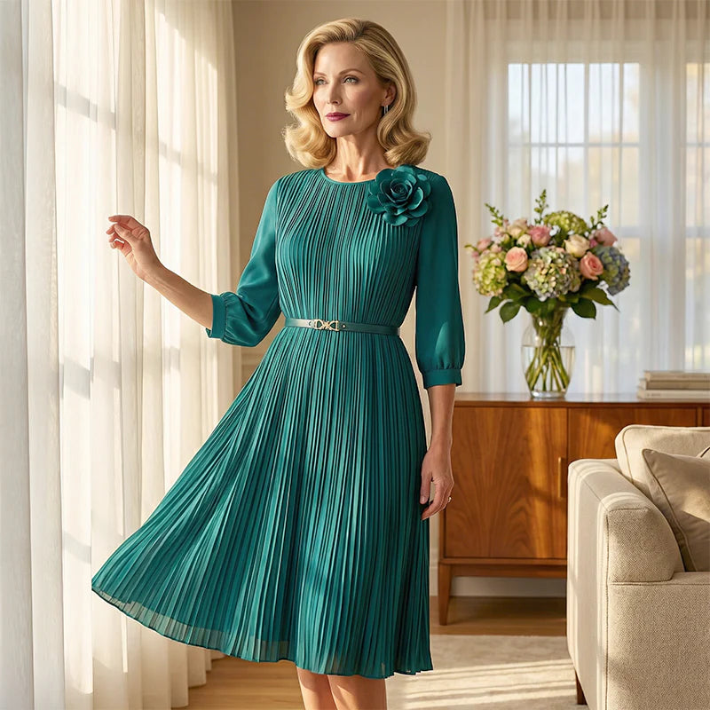 Women’s 3/4 Sleeve Pleated Midi Dress with Waist Tie