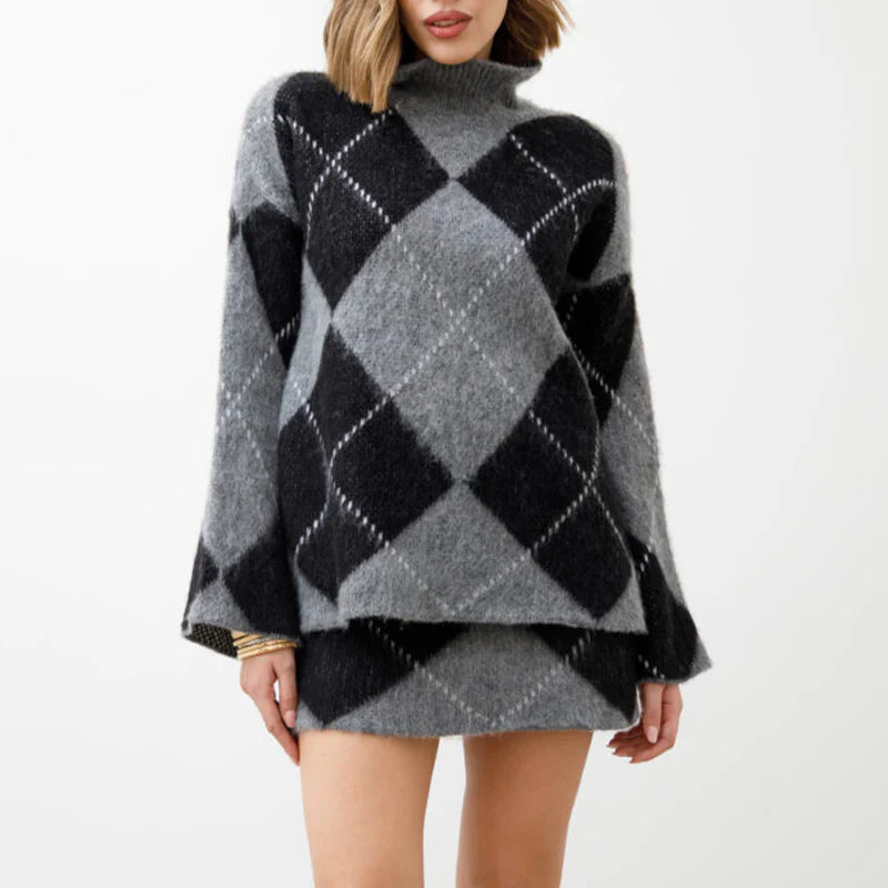 Women’s Argyle Knit Sweater and Mini Skirt Two Piece Set